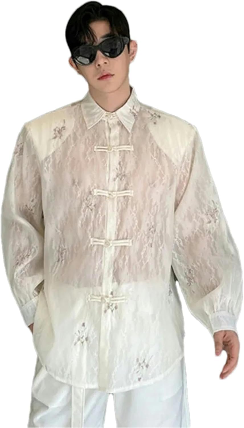 Chinese Style Thin Men's Shirts Summer Stand Collar Long Sleeve Single Breasted Embrodery Tops