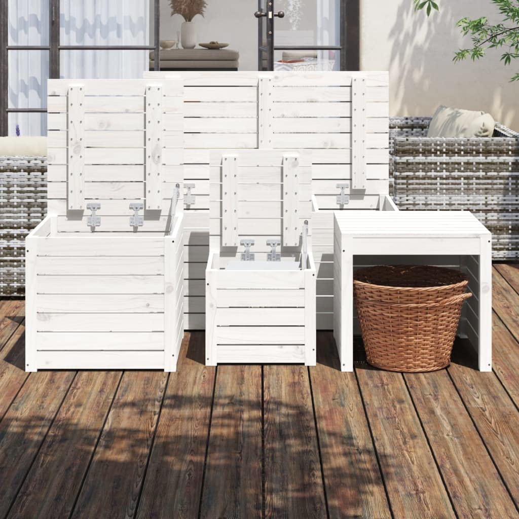 Juego de 4 cajas de jardín de madera de pino maciza, color blanco con tapa, mueble de terraza resistente para almacenamiento al aire libre, asiento o mesa, capacidad 110 kg