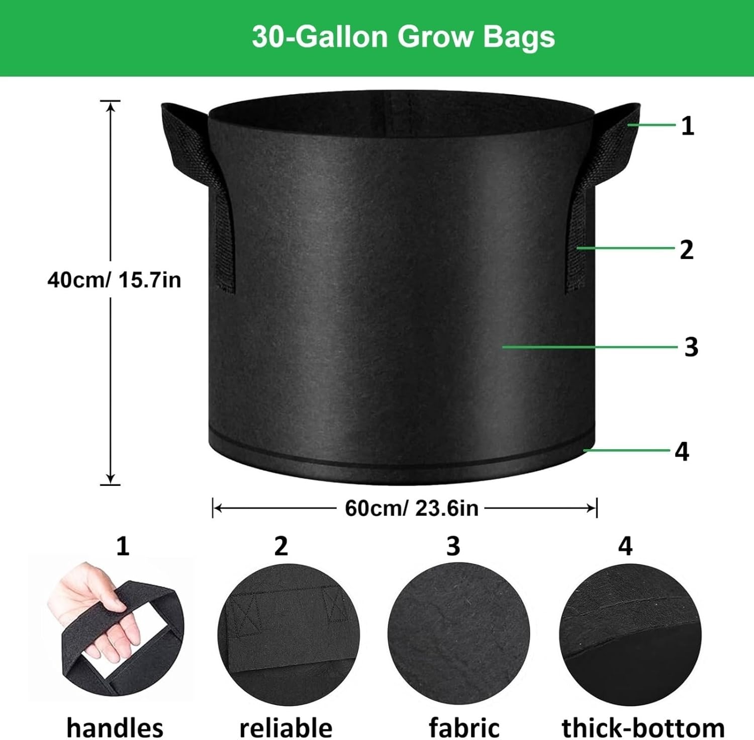 30-Gallon Grow Bags, (10 Pack) Thickened Aeration Fabric Growing Pots Planters with Handles for Planting Vegetables Plants, Black - Image 2