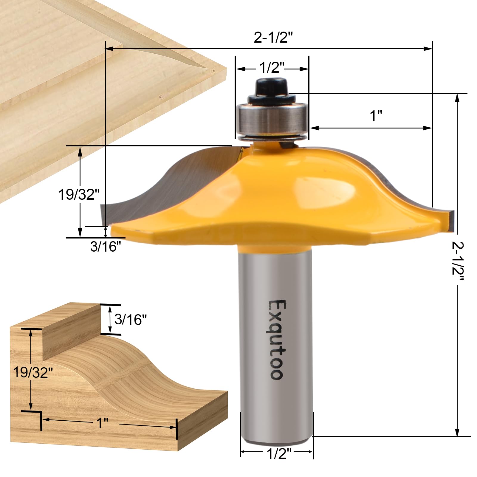 Exqutoo Juego de 3 fresas para enrutador con vástago de 1,3 cm, de carburo cementado, para trabajar la madera, puertas y ventanas (diámetro de la fresa para juntas de espiga: 4,4 cm)