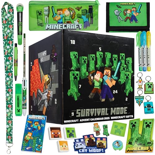 Minecraft Advent Calendar 2025 for Boys Girls with 24 Items, Keychains, Pens, Notebooks, Creeper Christmas Countdown Calendars Gamer Xmas Gifts (Black Cube)