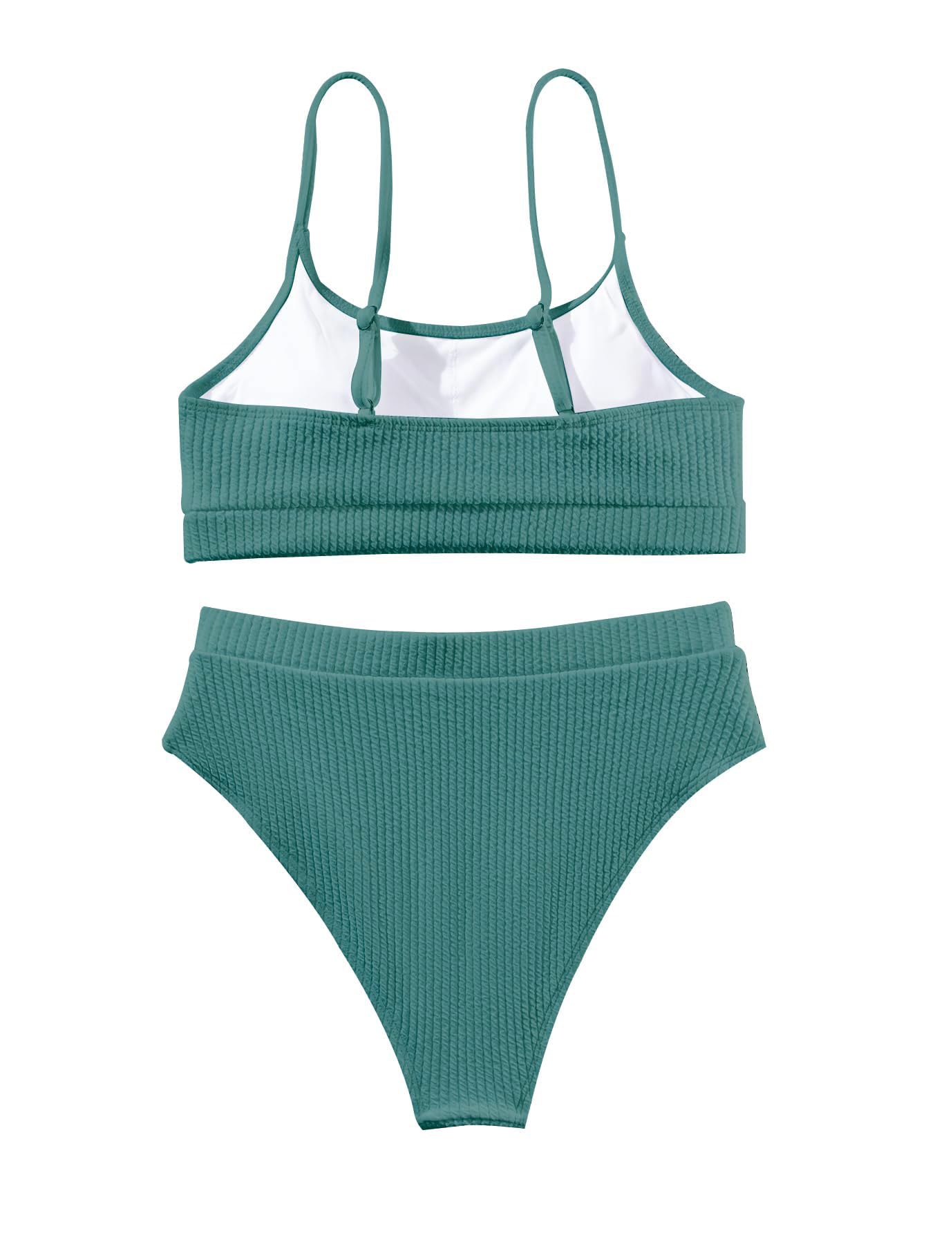 Lilosy Maillot de bain brésilien taille haute avec effet gainant et haut court côtelé 2 pièces, turquoise, Taille L