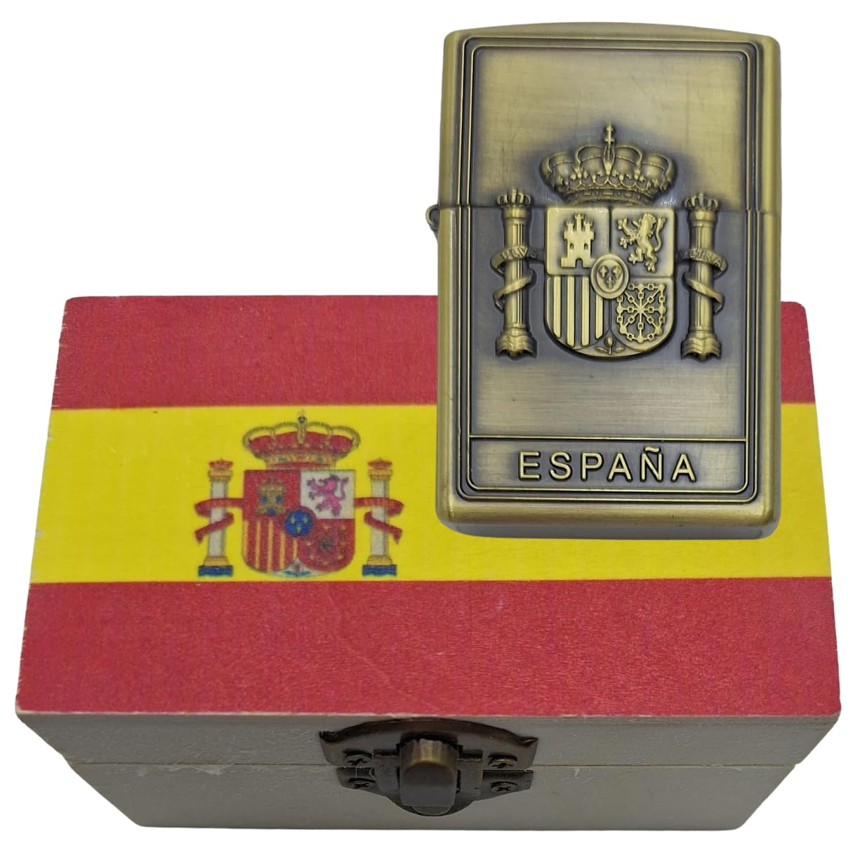 Mechero de Recargable Dorado con Grabado del Escudo de España o Escena Taurina. Se Envía en Cajita de Madera con la Bandera de España. (Escudo de España)