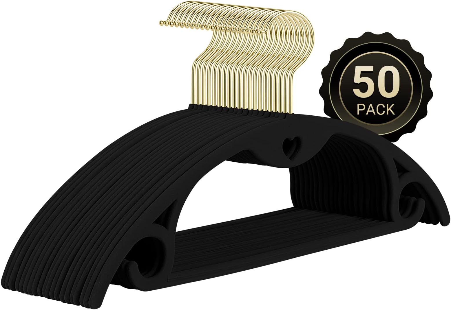 Velvet Clothes Hangers, ESEOE 50 Pack No Shoulder Bumps Suit Hangers with Swivel Hook, Ultra Thin Space Saving, Wide for Coat, Sweaters, Jackets, Shirt, Pants, Dresses (Black with Gold Hook)