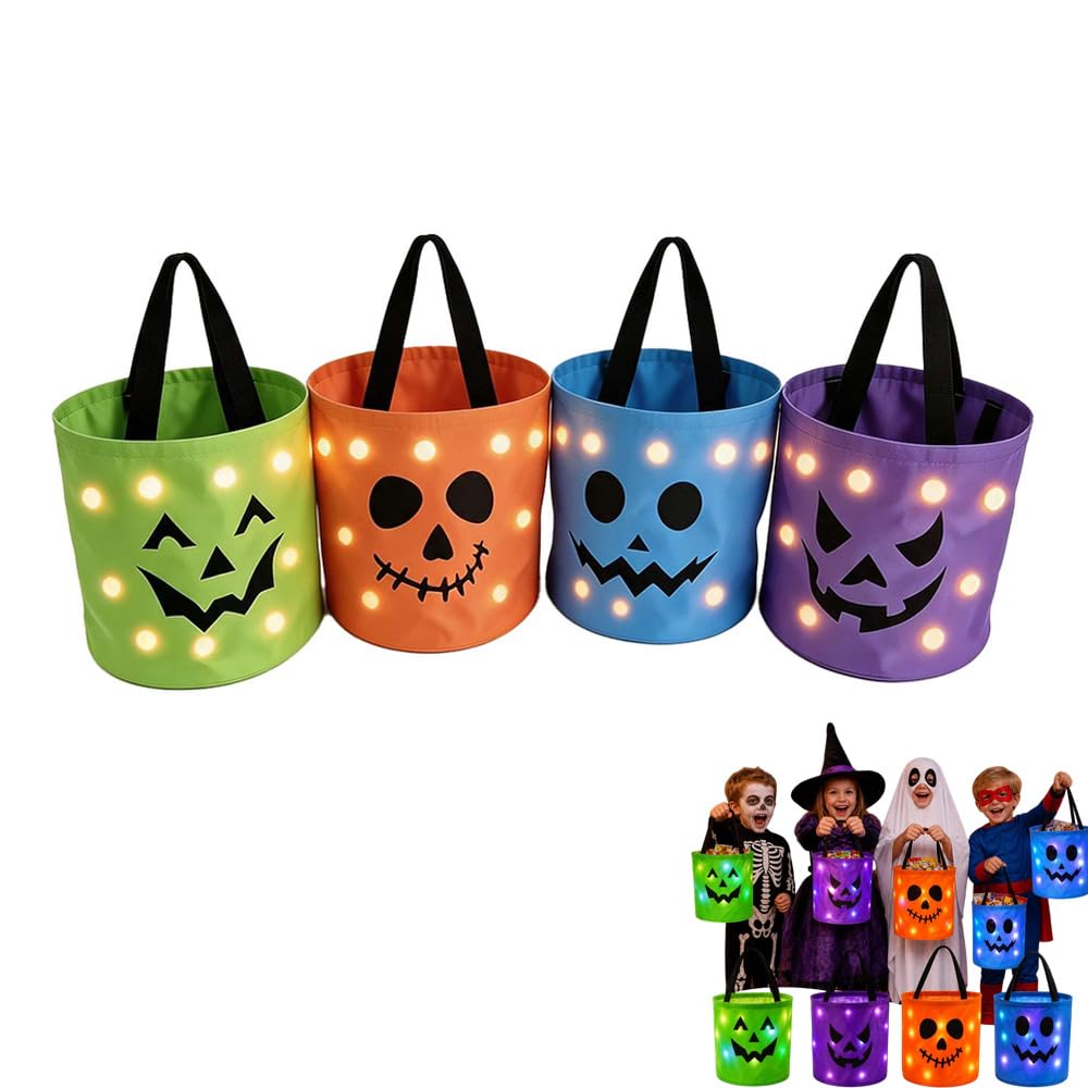 Halloween Trick or Treat Bucket for Kids Light up Pumpkin Candy Bags LED Halloween Treating Baskets Reusable Goodie Gift Tote Bag, Pumpkin Green Monster Candy Gift Baskets Party Supplies Favors