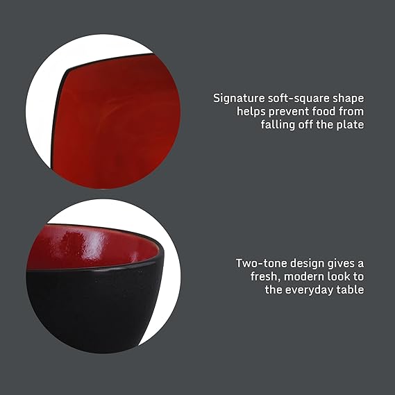Gibson Elite Soho Lounge Square 16-Piece Dinnerware Set, Service for 4, Reactive Glaze Stoneware Plates and Bowls, Modern Dishes, Microwave & Dishwasher Safe Red and Black