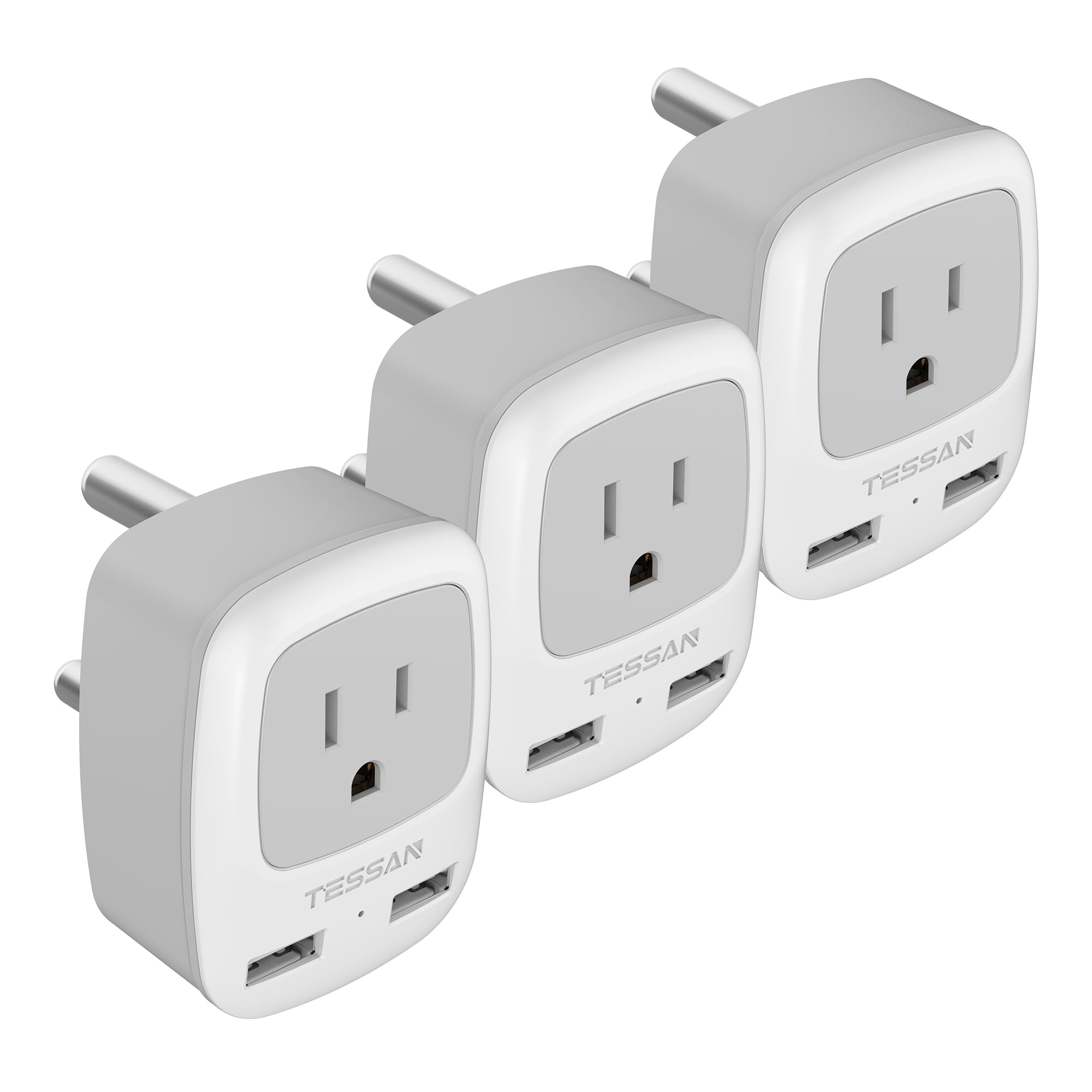 TESSAN South Africa Power Adapter, Type M Travel Plug Adaptor with 2 USB & 1 American Grounded Outlet for USA to Bhutan, Botswana, India, Namibia Nepal Pakistan, 3 Pack