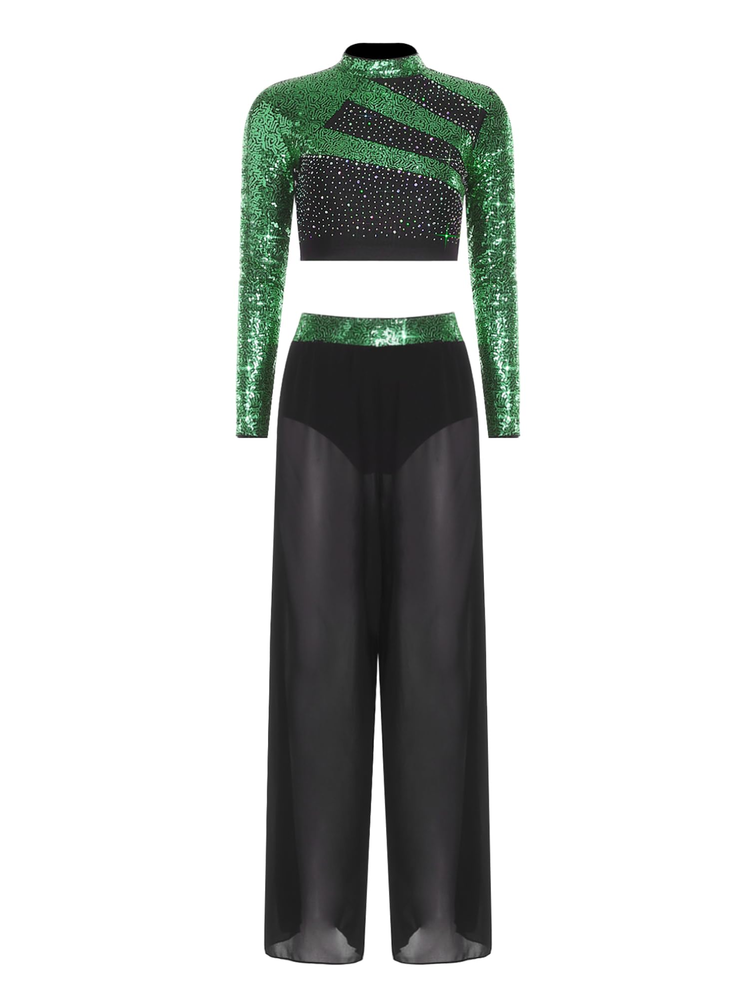 ranrann Traje Baile Contemporáneo de 2 Piezas para Mujer con Lentejuelas Crop Top de Manga Larga y Pantalones Traje de Gimnasia Rítmica para Actuación S-XXL