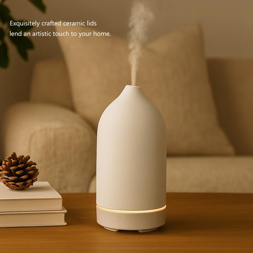 Stone Diffuser, Ceramic Essential Oil Diffuser, Humidifier 160ml Ultrasonic Oil Diffuser for Aramatherapy (White)