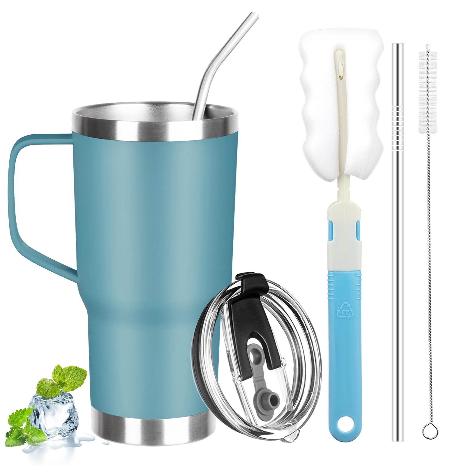 20 oz Tumbler with Handle, Stainless Steel Insulated Tumbler with Lid and Straw, Double Wall Vacuum Coffee Mug Tumbler, Insulated Coffee Thermal Cup for Cold and Hot (Maya Blue)
