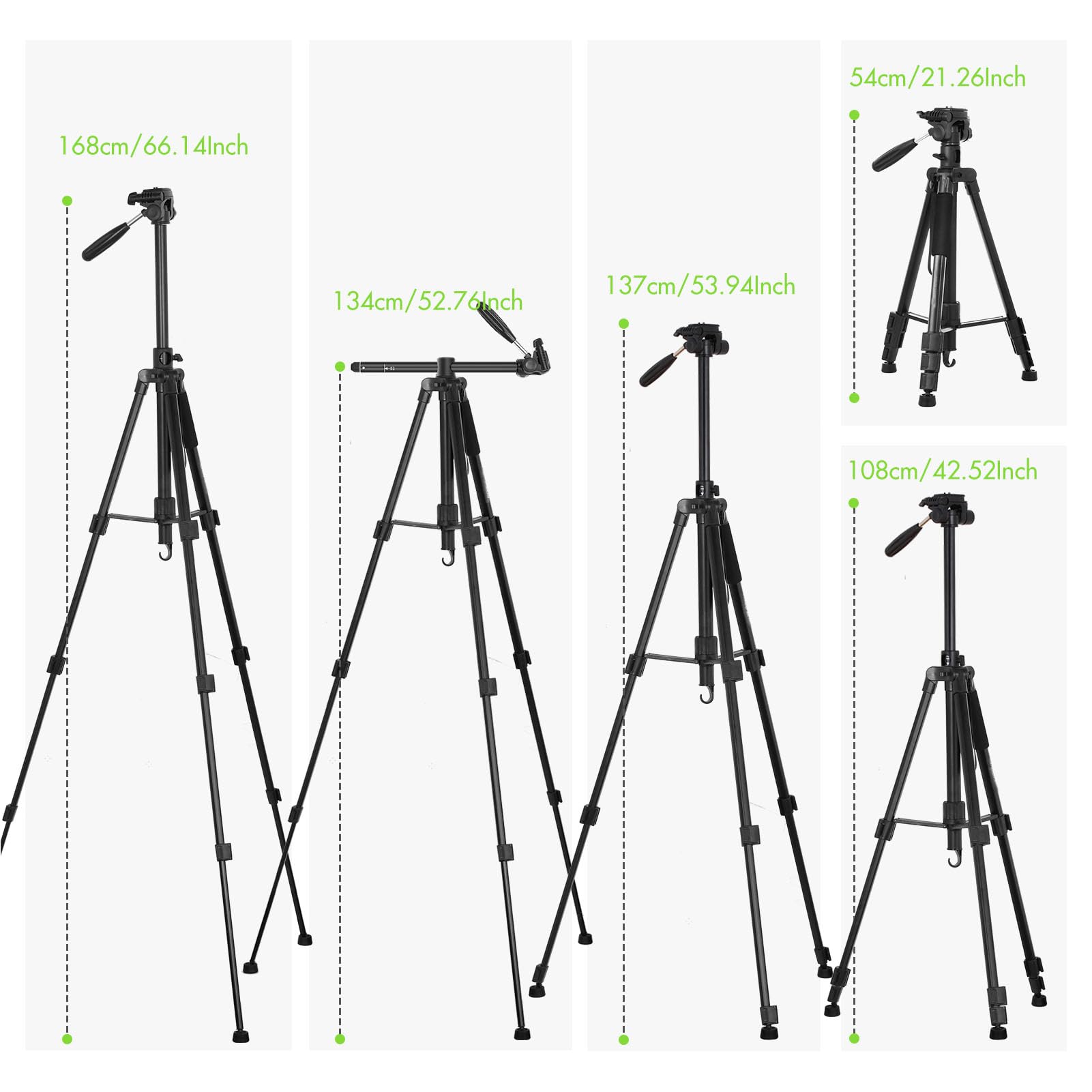 Soporte para Trípode para Cámara, Aleación de Aluminio Ligera de 168CM, Carga Portátil 5KG con Clip Teléfono DSLR, Videocámaras y Más