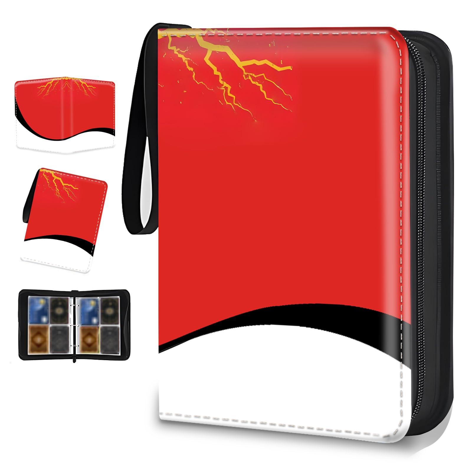 Kartenbinder 4 Taschen Reißverschluss Sammelkartenbinder für 400 Karten, PU Collection Binder mit abnehmbaren Hüllen für 50 Seiten, Tragbares Sammelalbum, Kartenbuch für Spielkarte, Sportkarten