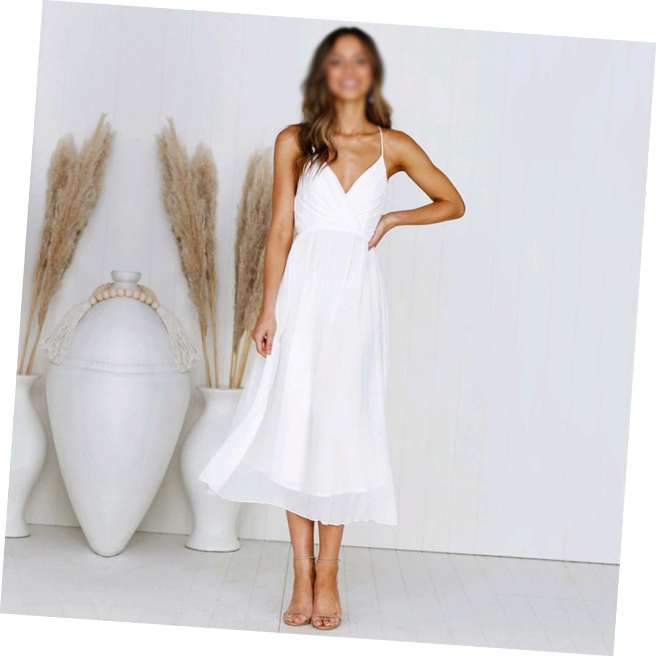LIFKOME Vestito Donna per Calda Senza Spalline Scollo a V, Bianco, in Poliestere Traspirante, Raffinato per Festa e Impiego Quotidiano, Taglia XL