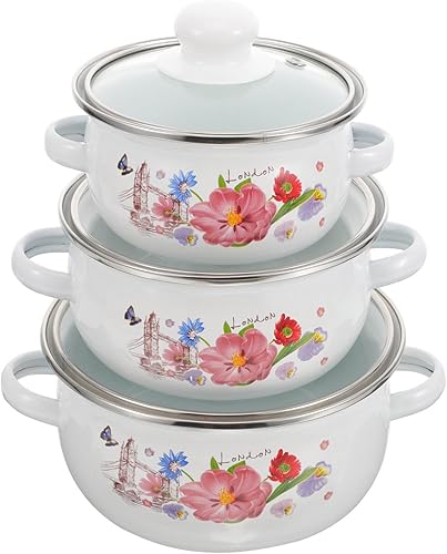 Happyyami Cacerola esmaltada para estofado, 3 piezas, olla con tapa, olla de cocina antiadherente, olla de sopa vintage, estufa de gas, utensilios