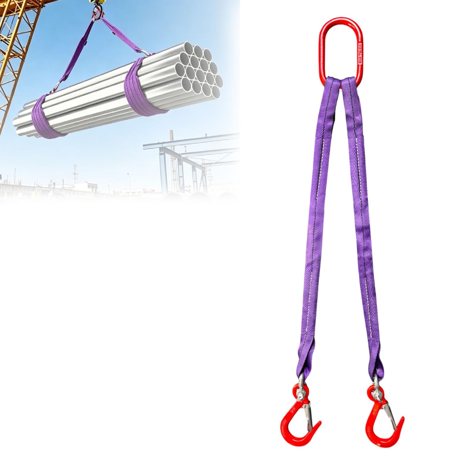 sunbiaouk Lifting Slings Straps, Two Leg Bridle Web Sling with Hook, 4409 Lbs Load Capacity for Hoist Engine Crane Truck Tow Tree Stump(2 tons,1.5m)