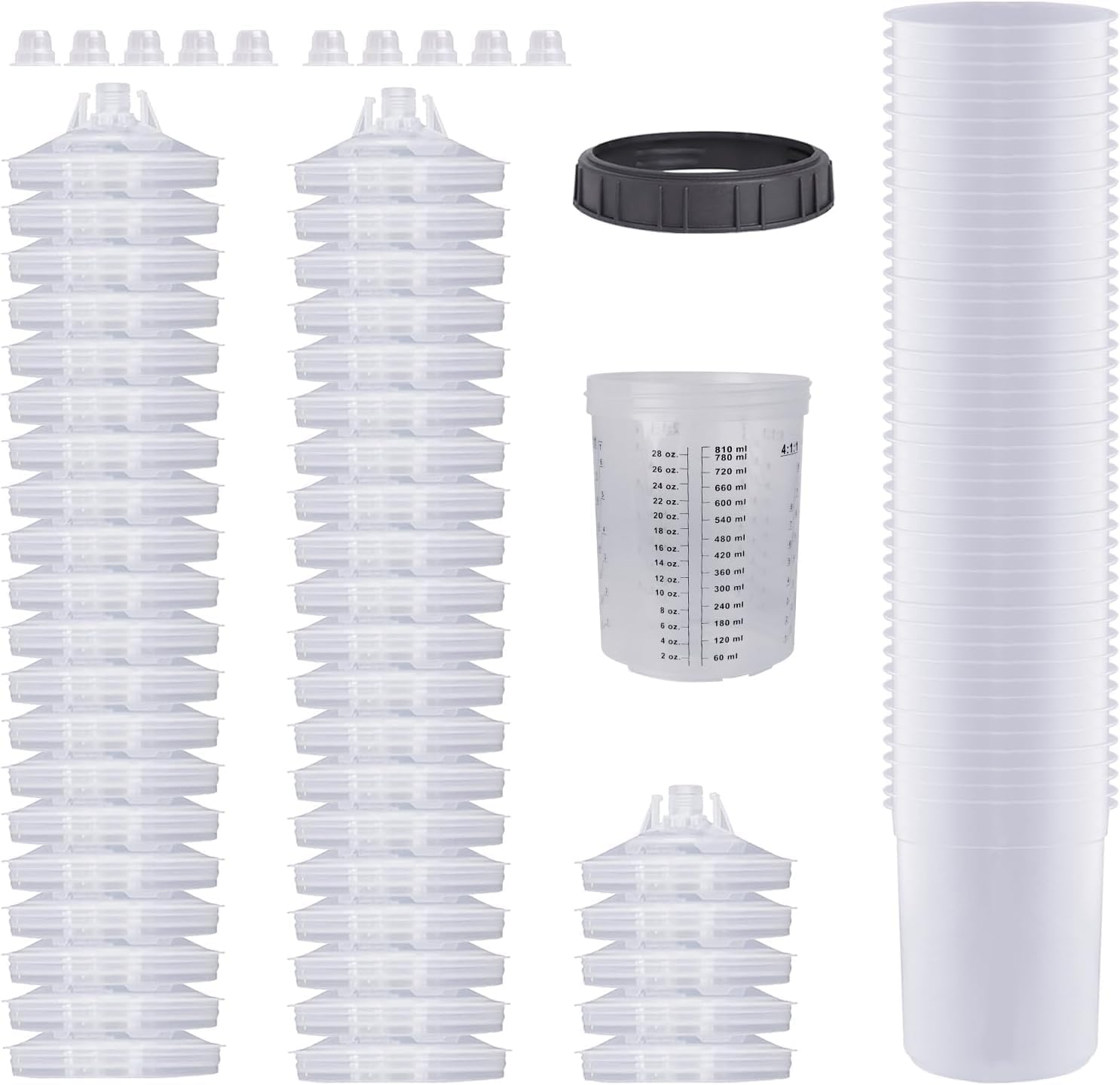 Aflybltol Lackierpistole Mischbecher mit Skala Set für Farbsprühsystem HVLP lackierpistole Druckluft Farbsprühpistole Mit Deckel und Liner Kit, 45 Einwegdeckel und Liner, 10 Verschlussstopfen (800ML)