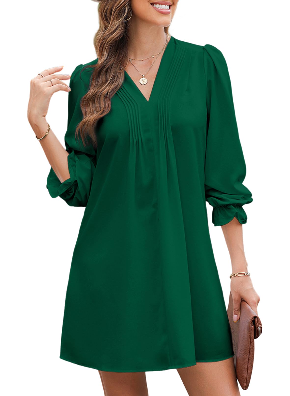 Dokotoo Kleid Damen Langarm Elegant Einfarbig A-Linien Rüschenärmel V-Ausschnitt Midikleid Partykleid Freizeitkleid Dating-Kleid Sommerkleider Rüschenkleid S-XXL