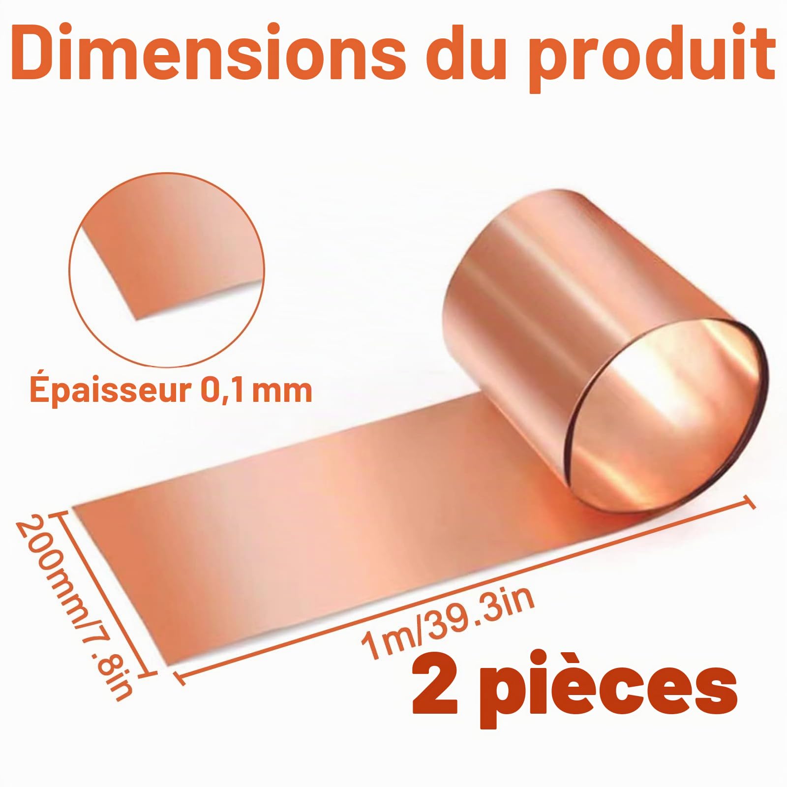 Plaque de Cuivre 2 Pièces Cuivre Plaque Tôle de Cuivre Feuille de Cuivre | 1000 x 200 x 0,1mm | Tôle de Cuivre Pure 99,9% | Pour Bijouterie, Bricolage et Usinage
