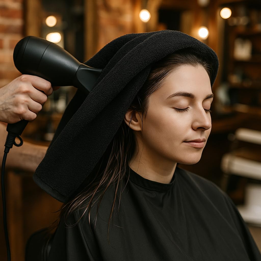 Toallas Peluquería Negras 50x90 cm – Pack de 4 – 100% Algodón 400 gsm – Alta Absorción – Uso Profesional Barbería y Salón de Belleza