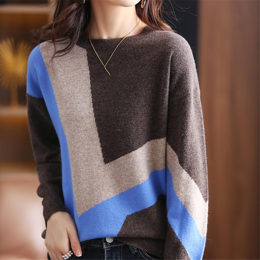 Kaschmir-Pullover für Damen, Rundhalsausschnitt, farblich passender Strickpullover, solide Wolle, langärmeliger Pullover