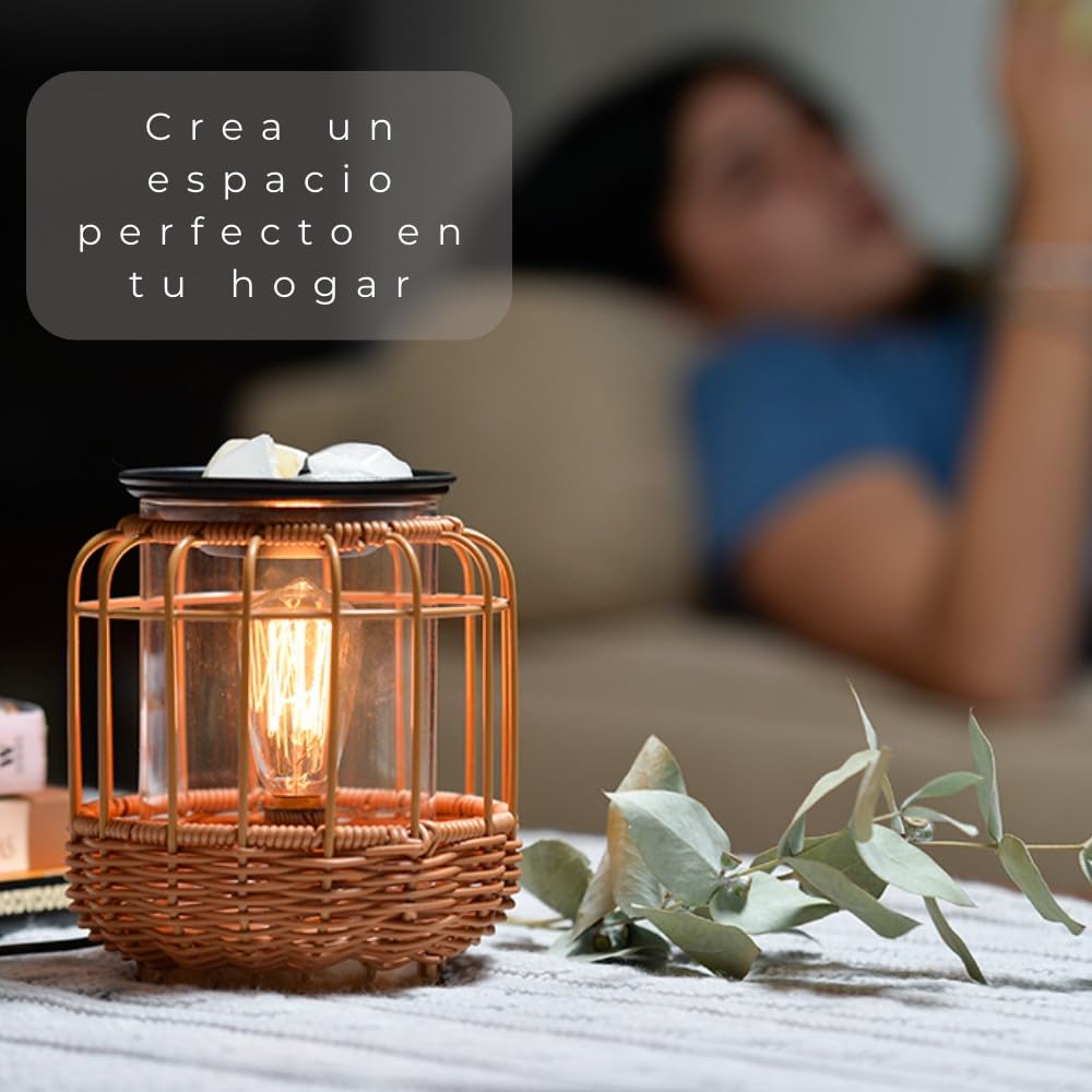 Quemador de Velas aromáticas y Quemador de aceites Esenciales eléctrico | luz cálida | Calentador Velas | aromaterapia | decoración del hogar | Incluye Pack de Ceras perfumadas | Ratan