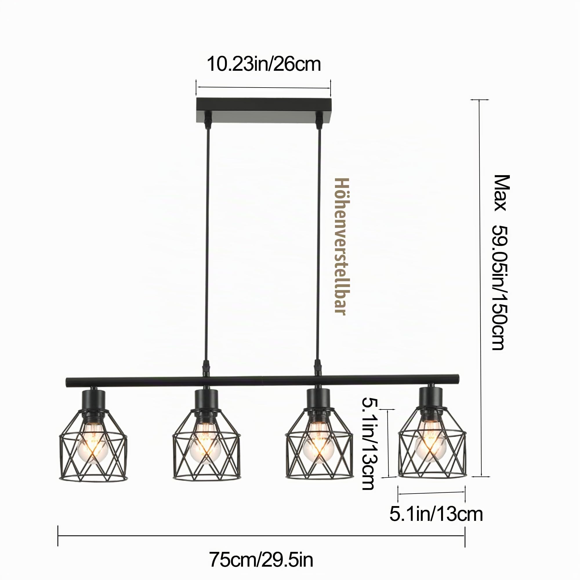 Pendelleuchte Esstisch 4-Flammige, Industrielles Retro Hängelampe Schwarz,Höhenverstellbar Metall Deckenlampe Esszimmer, E27 Fassung, Einfache Montage