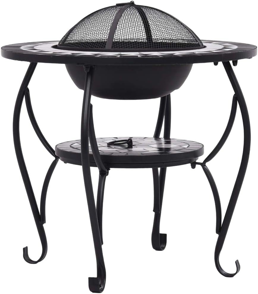 Black and White 26.8" Ceramic Mosaic Fire Pit Table with Safety Mesh and Poker Tool, 4-Leg Steel Stand for Outdoor Patio Garden Heating and Barbecue Use