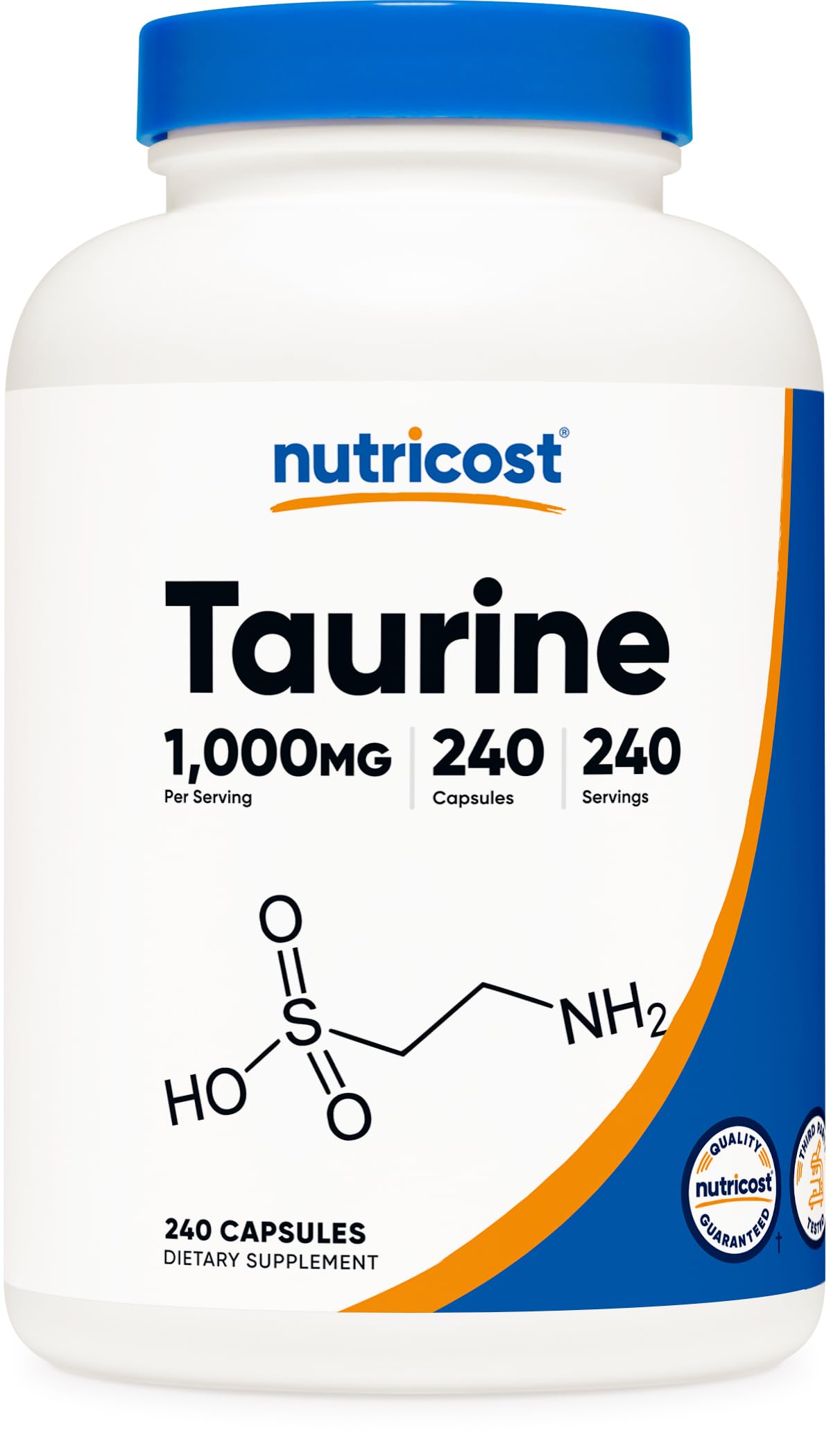 Taurine 1000mg Capsules Supplement, 240 Capsules Per Bottle, Non-GMO & Gluten Free