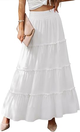 LUXVEER Womens Summer Boho Maxi Skirts Smocked High Wasited Flowy Tiered Ruffle A Line Long Beach Skirt