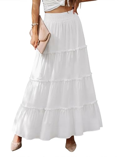 LUXVEER Women’s Summer Boho Maxi Skirts Smocked High Wasited Flowy Tiered Ruffle A Line Long Beach Skirt