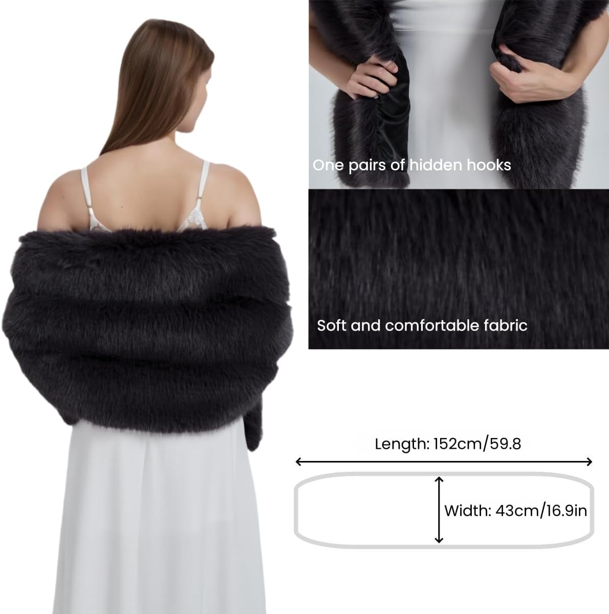 UMREN Women's Luxury Party Faux Fox Fur Long Shawl Cloak Cape for Winter One Size A-charcoal Grey