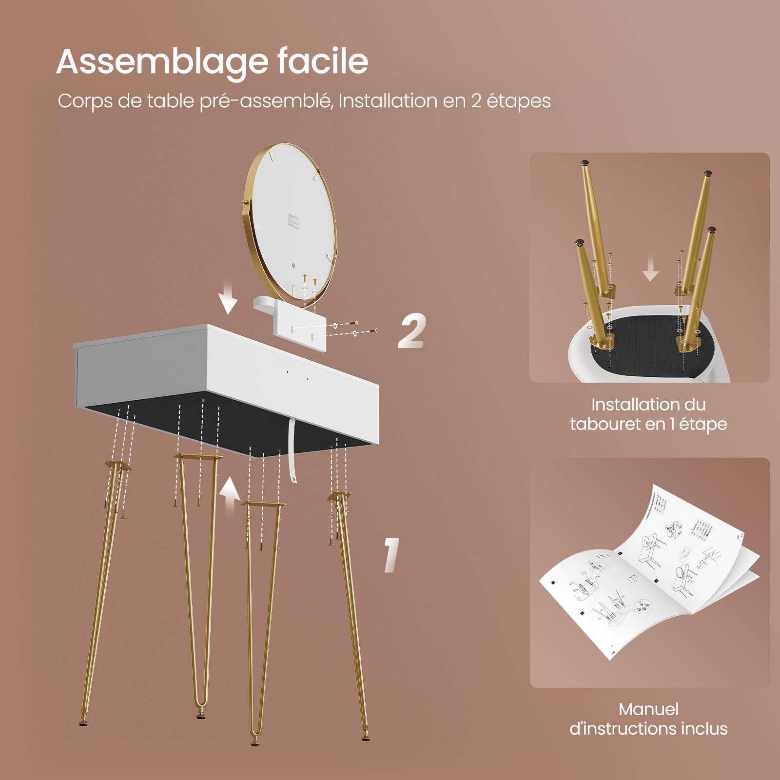 EUGAD Coiffeuse avec Miroir LED Réglable à 3 Niveaux, Table de Maquillage avec Chaise en Velours, avec 2 Tiroirs à Effet 3D en Bois Massif, Moderne, Blanc+Doré, 0056SZT