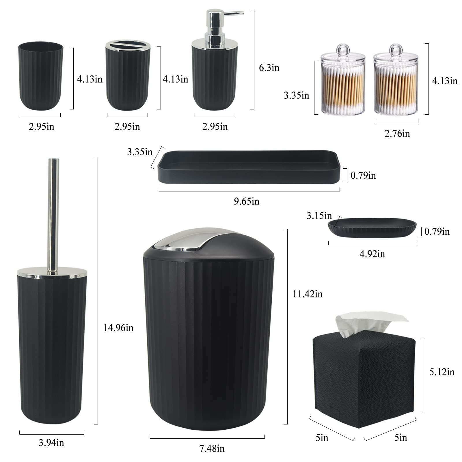 Juego de accesorios de baño, juego de 10 piezas de accesorios de baño negros con basura, soporte para cepillos de dientes y taza, dispensador de jabón, jabonera, soporte para cepillo de inodoro, 7