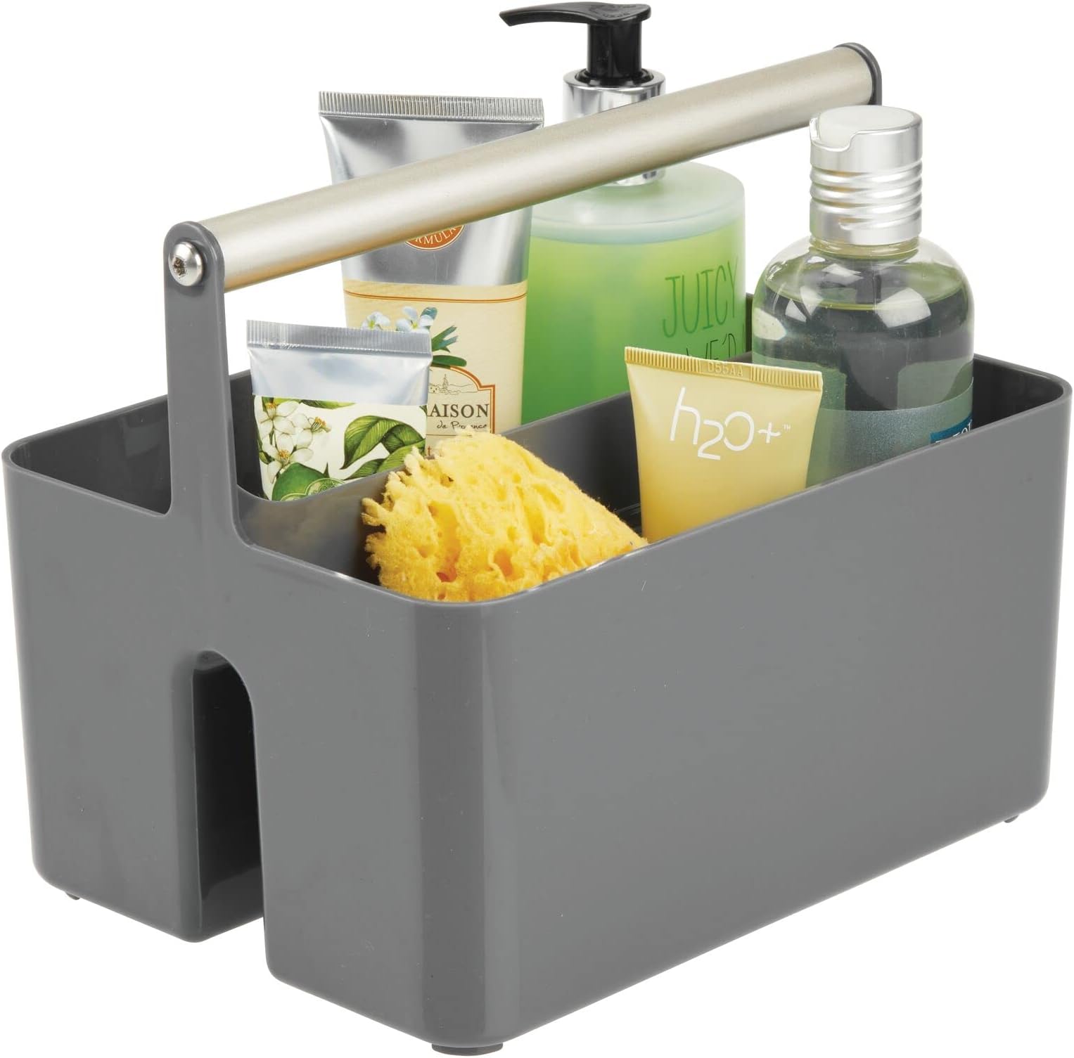 Plastic Shower Caddy Storage Organizer Utility Tote, Divided Basket Bin - Metal Handle for Bathroom, Dorm, Kitchen, Holds Soap, Shampoo, Conditioner - Aura Collection - Dark Gray/Matte Satin