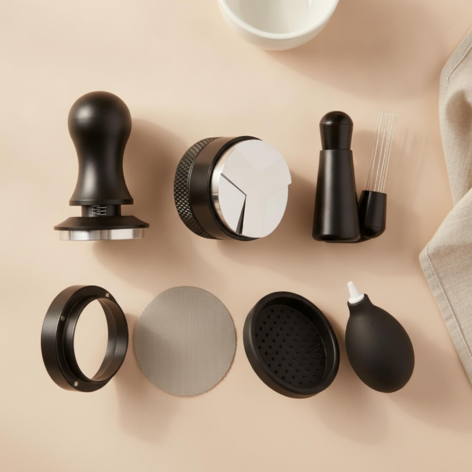 7 Piezas Juego Prensador y Distribuidor Café Completo Tamper Café Compacto Aguja Encaje para Caferías, 51mm
