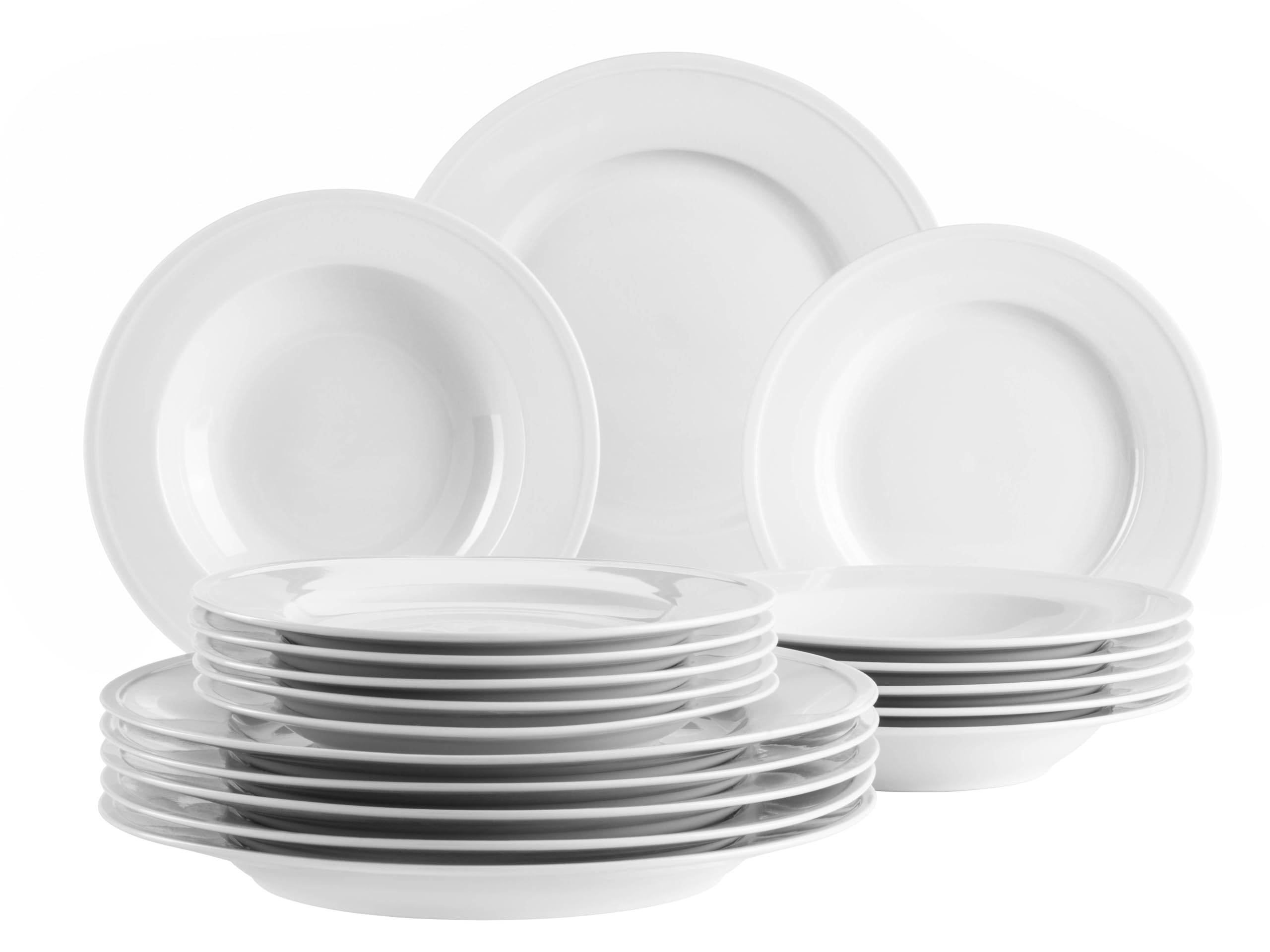 MÄSER Serie Arlona, set di piatti per 6 persone, in porcellana di alta qualità, set di piatti da 18 pezzi, senza tempo, elegante, porcellana, bianco