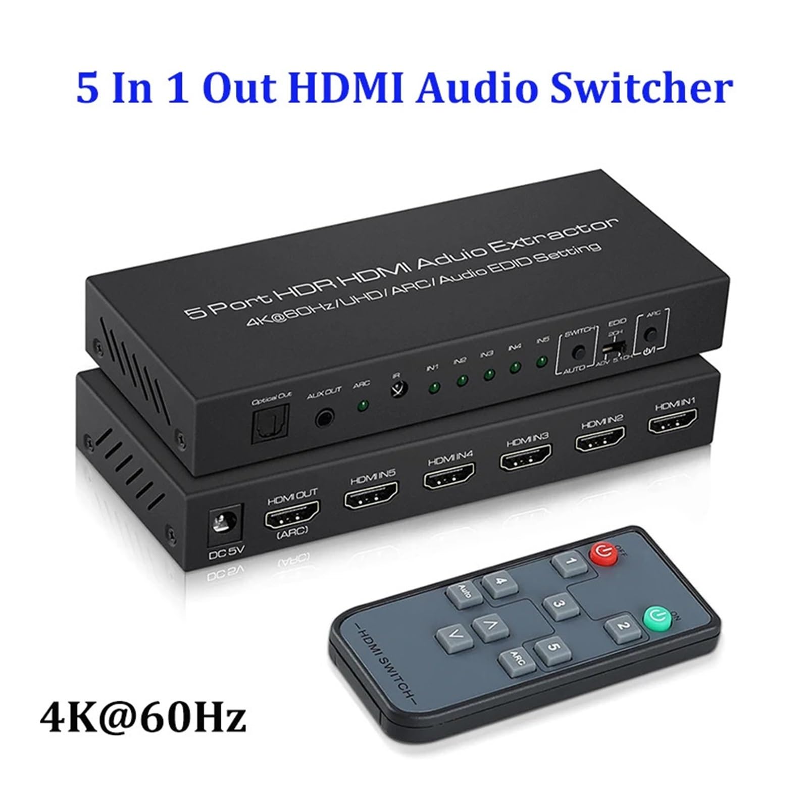 Przełącznik 4K@60Hz 5x1 z ekstraktorem dźwięku, 5 wejść 1 wyjście wyboru Obsługa HDR10 ARC 18 Gb/s Konferencja