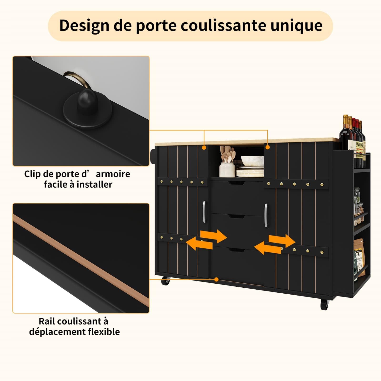 PUGSDRLY Desserte Cuisine à roulettes,Buffet Cuisine de Rangement avec Plateau de Table Pliable,3 Tiroirs et 2 Portes coulissantes,Espace de Rangement Multifonctionnel,avec Porte Serviettes (Noir-A)