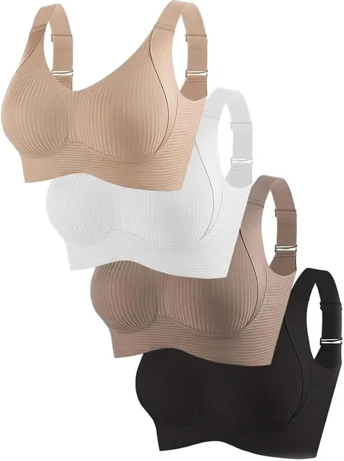 Women's Solid Color Four Rows Adjustable Wireless Bra, Soft and Comfortable Breathable Ribbed Wireless Push-Up Bra
