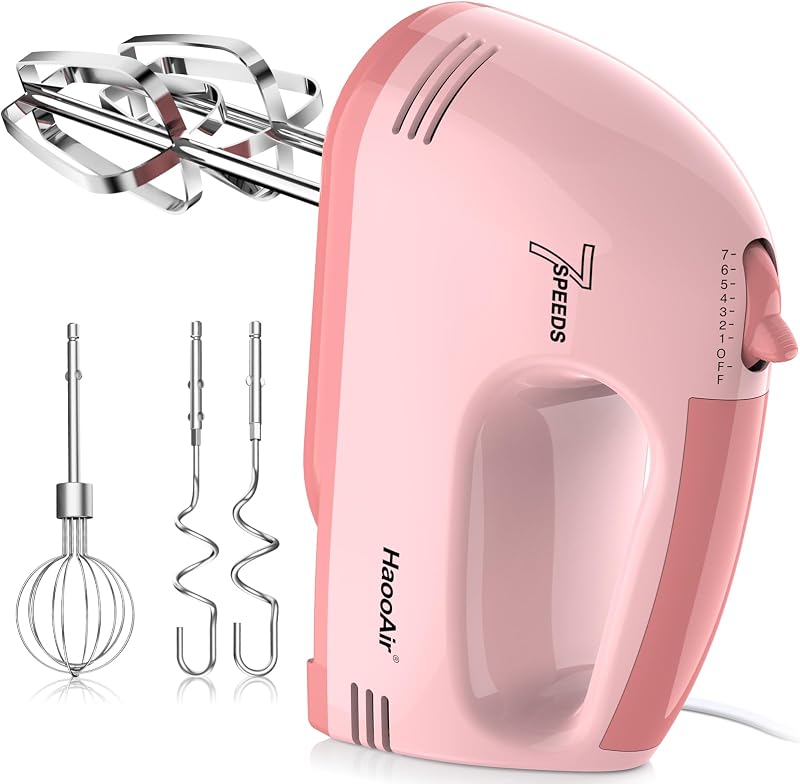 Electric Kitchen Mixer, Small 7-Speed Mixer, Dishwasher-Safe 304 Accessories (1 Whisk, 2 Dough Hooks, 2 Beaters), Mixes Various Ingredients, for Both Beginners and Bakers, Pink