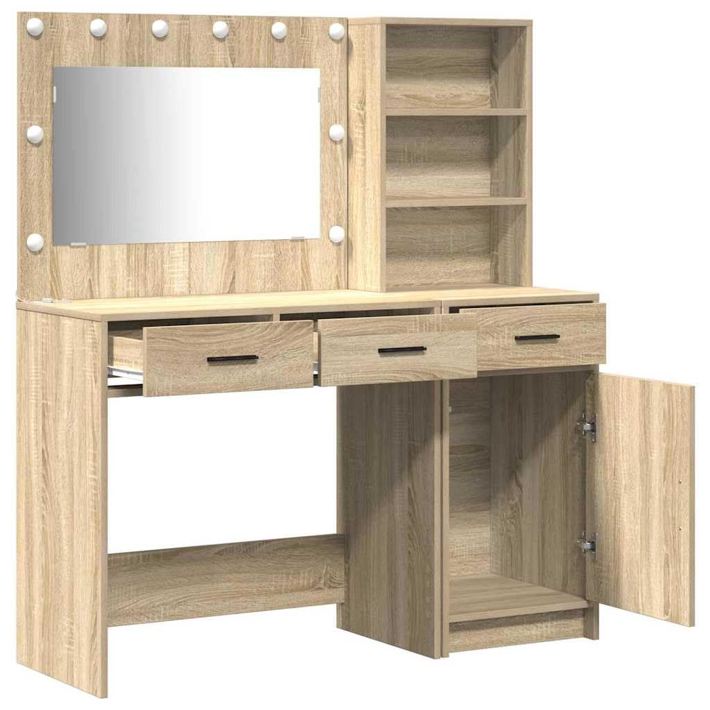 Tavolo da trucco in legno multistrato marrone con specchiera e luce LED, scrivania con cassetti e portaoggetti, mobiletto consolle salvaspazio per camera da letto