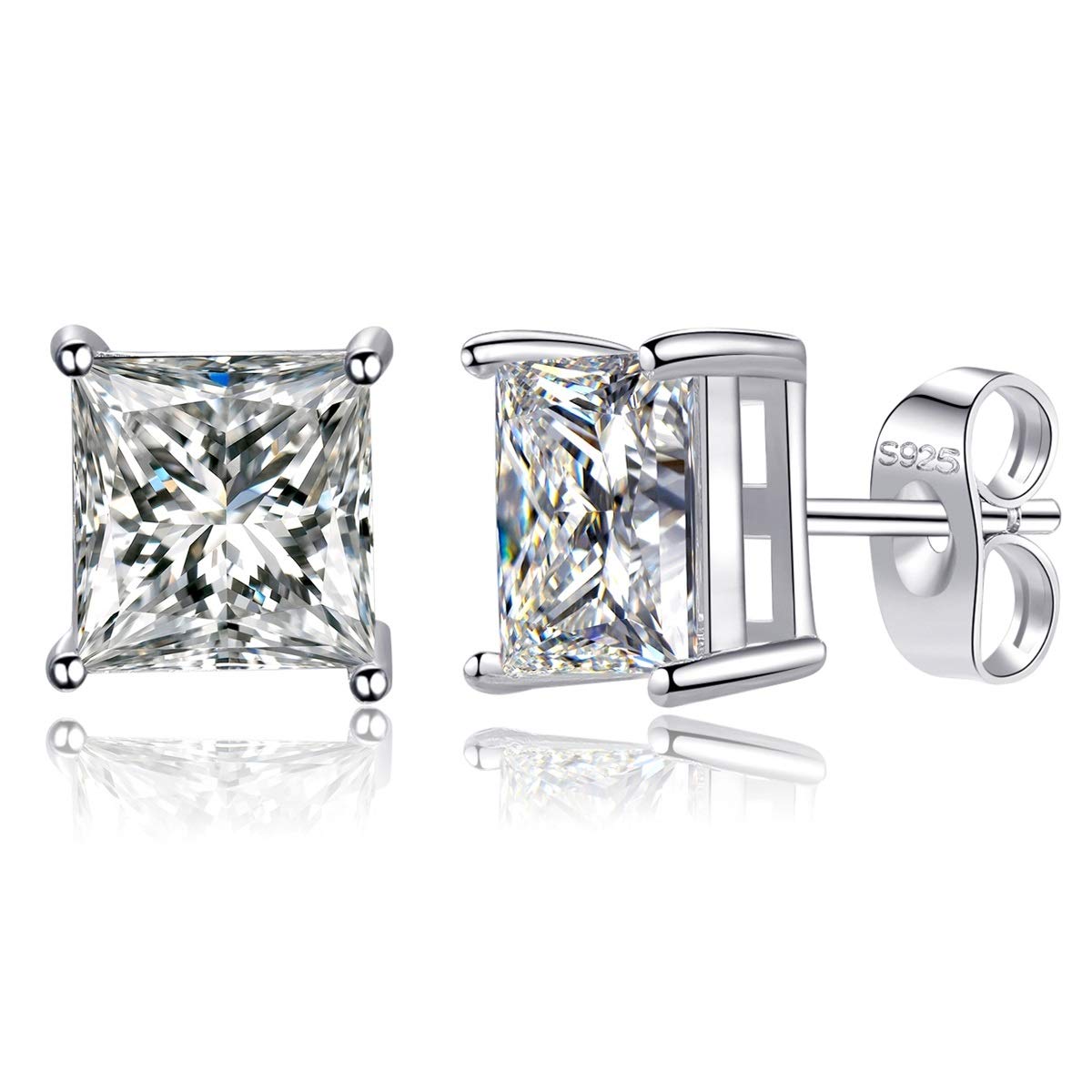 CUTEFEEL925 Sterling Silver Princess Square Cubic Zirconia Stud Earrings 3mm-8mm Options, Simulated Diamond CZ Studs Hypoallergenic Jewellery