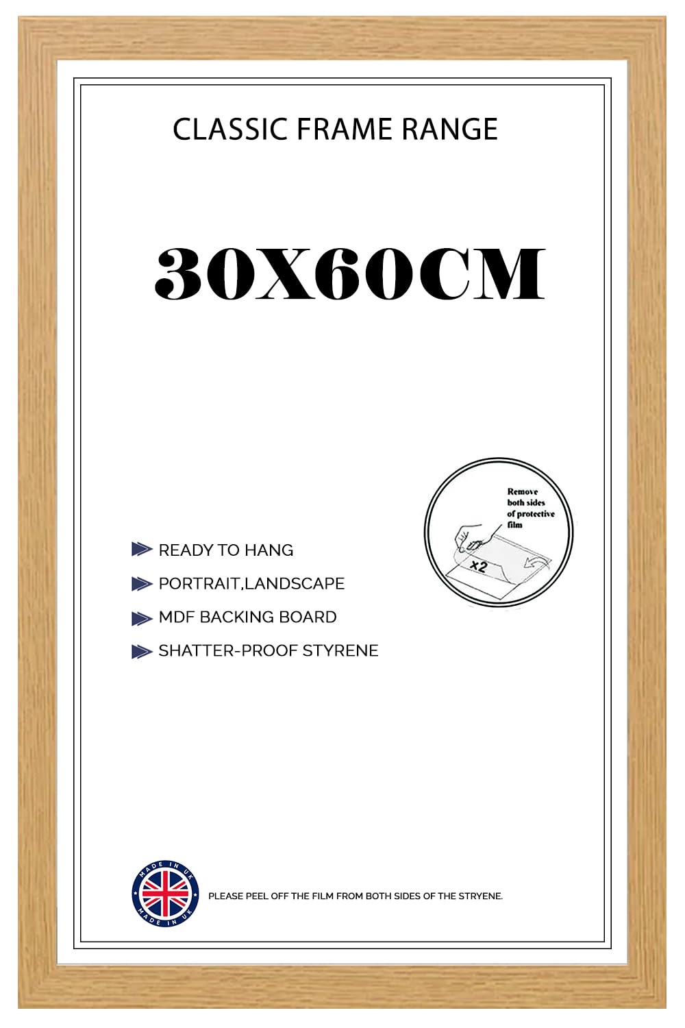 Poster Frame 30x60 cm MDF Wood with Shatterproof Acrylic Front 60x30 cm Picture Frame for Posters, Photos & Prints, Portrait & Landscape Display- Oak