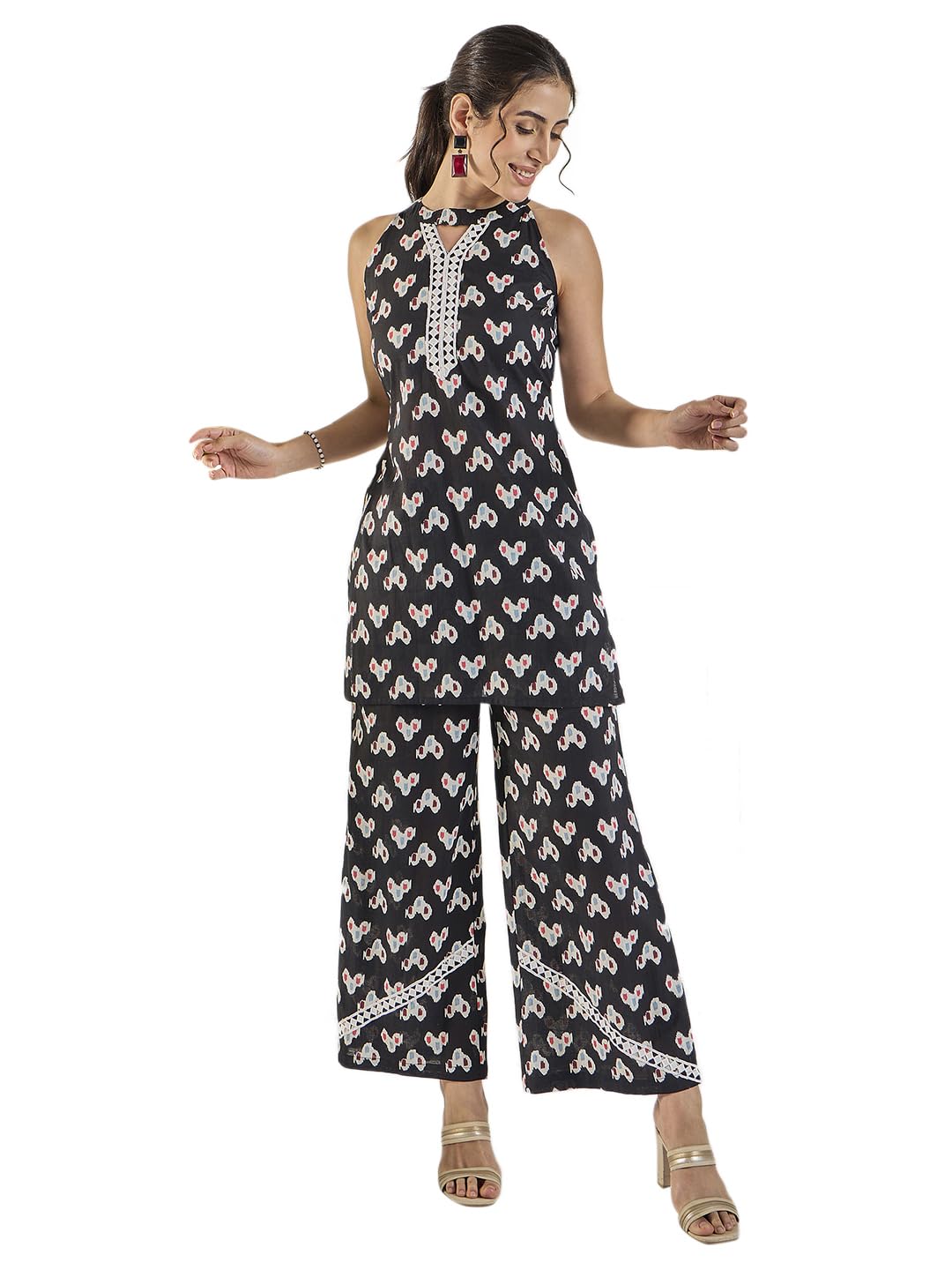 Woman Blue Floral with Lace Co-Ord Set-image-8