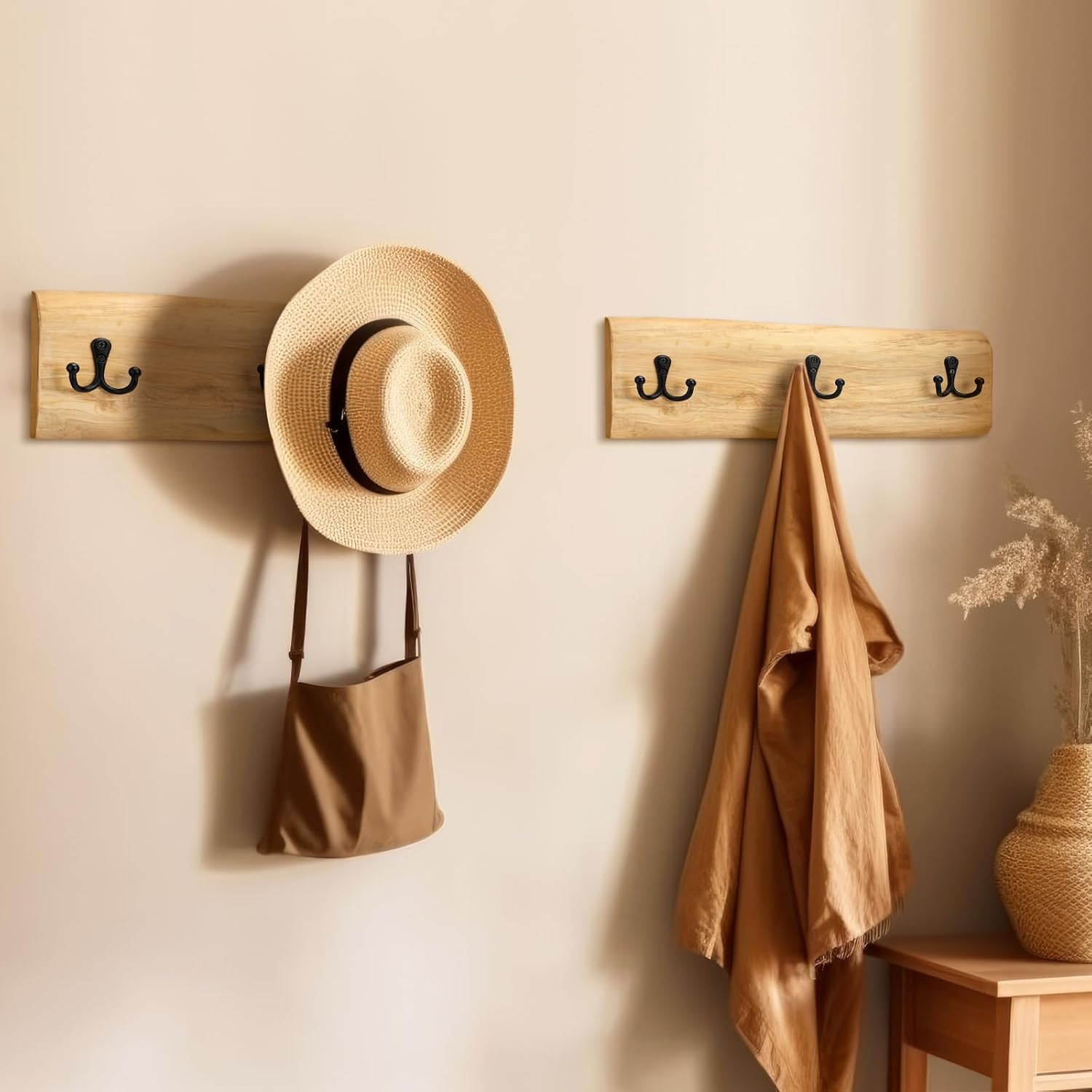 2 Pcs Wooden Coat Rack Wall Mount, 15.8 Inch Farmhouse Style with 3 Hooks, Heavy Duty Wall Hanger for Hanging Backpack, Jacket, Hat, Towel, Purse - Entryway, Bathroom, Bedroom Organizer