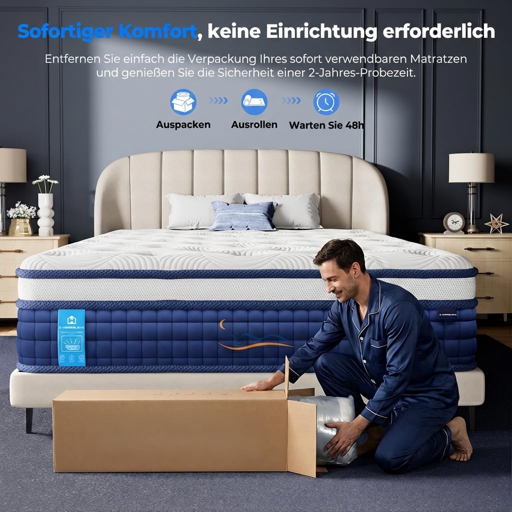 HOMRELEXA Taschenfederkernmatratze 90x200 H3, 26 cm Hybridmatratze mit Gel-Viscoschaum, 7-Zonen Orthopädische Matratze, Atmungsaktiv, Druckentlastend, Kantenverstärkt, Oeko-TEX & CertiPUR