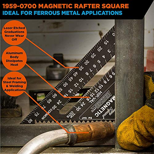 Image of Johnson Level & Tool 1959-0700 Magnetic Johnny Square Professional Easy-Read Aluminum Rafter Square, 7 inch, Black, 1 Square