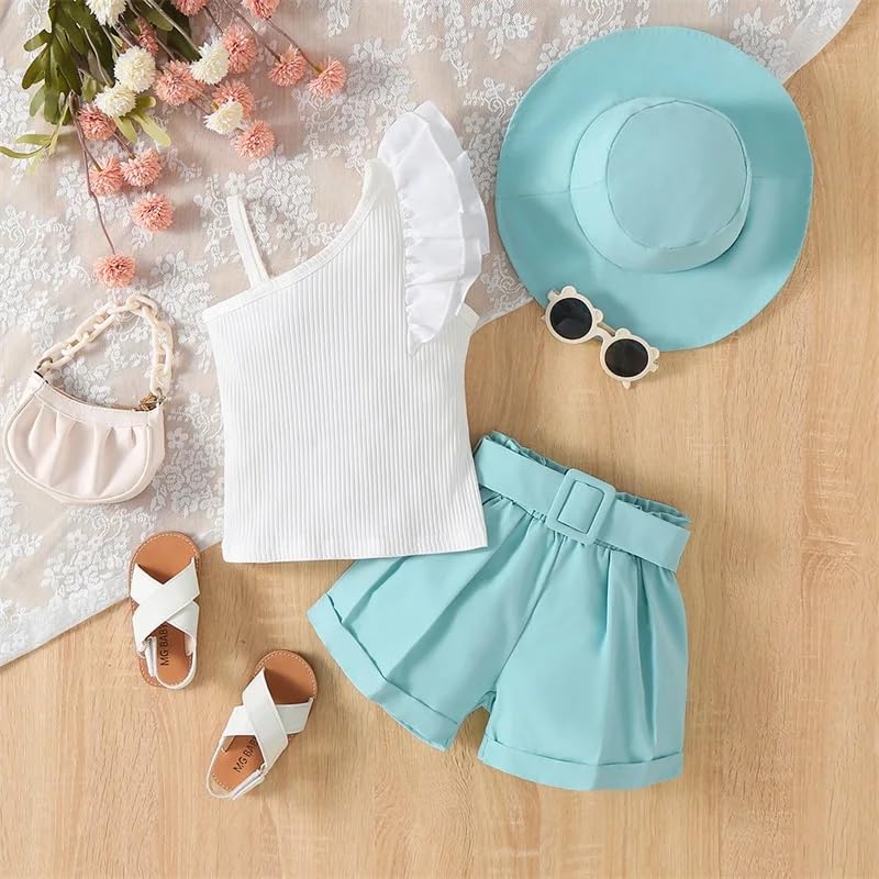Image of Bold N Elegant Girls Uptown One Shoulder Top and Shorts with Belt and Hat Trendy 4 Piece Coords Set for 3 to 7 Year Girls Party Dress Outfit