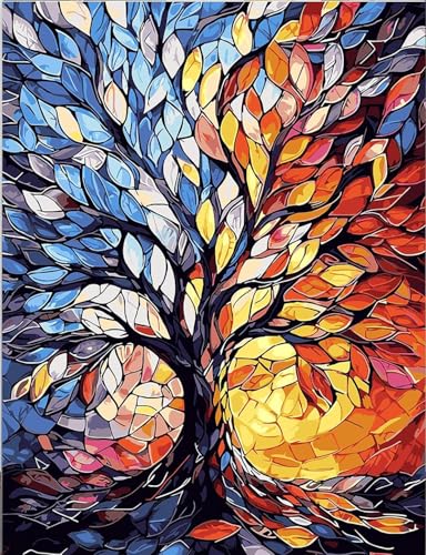 Peinture par numéros pour adultes débutants Arbre coloré 40x50cm avec cadre bois à monter