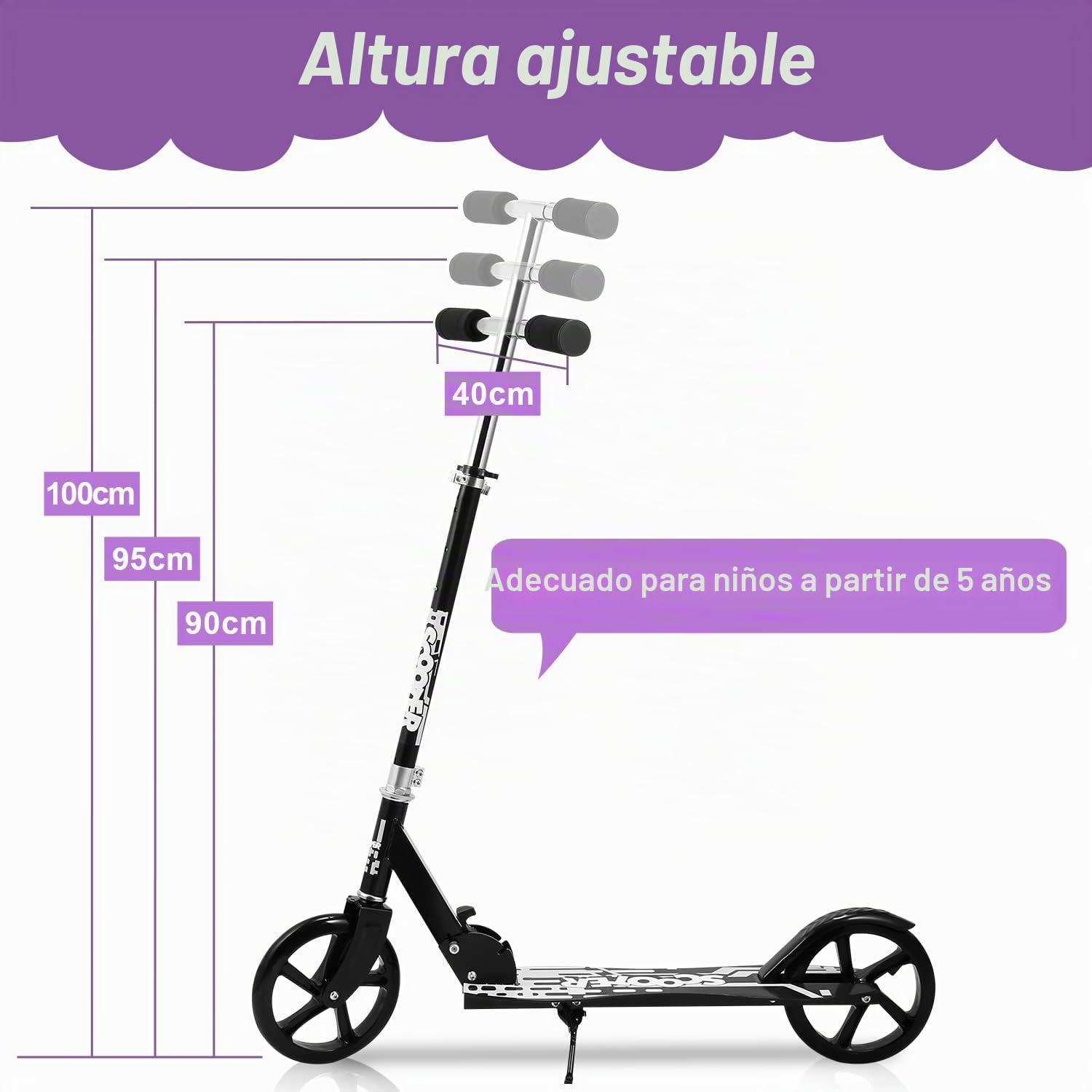 Patinete de ciudad con ruedas grandes, plegable, altura regulable, para niños y adultos, freno trasero, patinete con correa, máx. 100 kg